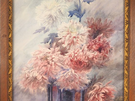N. SERVOIS. "bouquet de Chrysanthèmes dans un vase". Aquarelle, signée