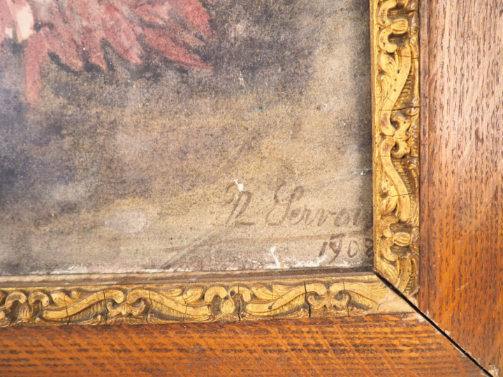 N. SERVOIS. "bouquet de Chrysanthèmes dans un vase". Aquarelle, signée