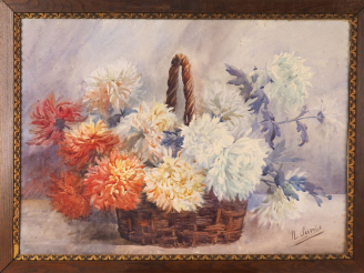 Vente aux enchères N. SERVOIS. "Bouquet de Chrysanthèmes dans un panier en osier". Aquare