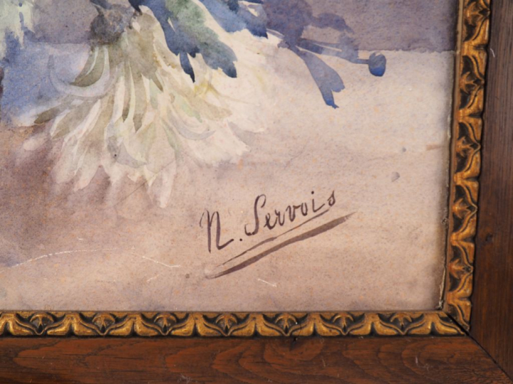 N. SERVOIS. "Bouquet de Chrysanthèmes dans un panier en osier". Aquare