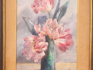 Vente aux enchères N. SERVOIS. "Bouquet de tulipes". Aquarelle, signée en bas à droite. D