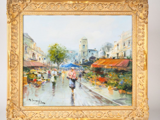 Vente aux enchères Ecole française XXème. "Le marché aux fleurs". Huile sur toile, signée