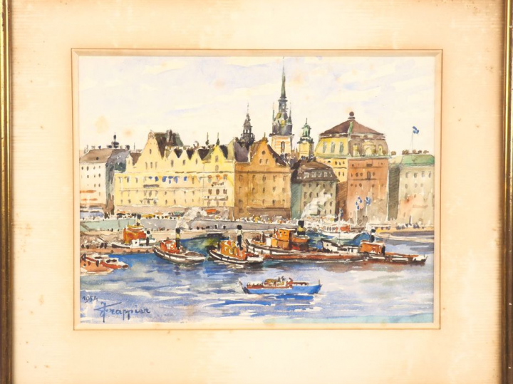 FRAPPIER. "Port animé". Aquarelle, signée en bas à gauche et datée 195
