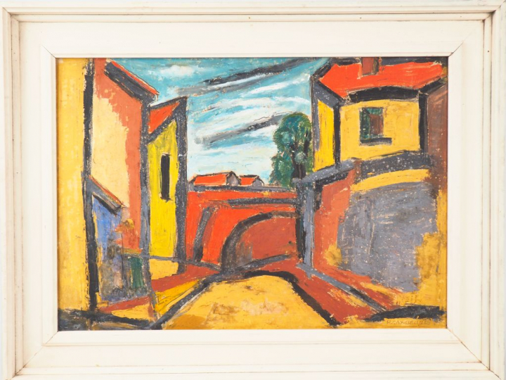 Raymond GAY BELLILE. "Port Garaud". Huile sur carton, signée en bas à 