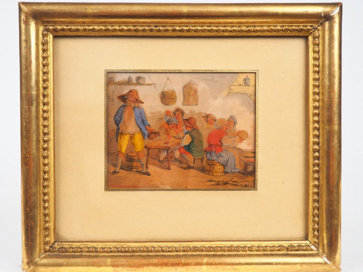 J.J. GARNIER. "Scène de taverne". Aquarelle, signée en bas à gauche et