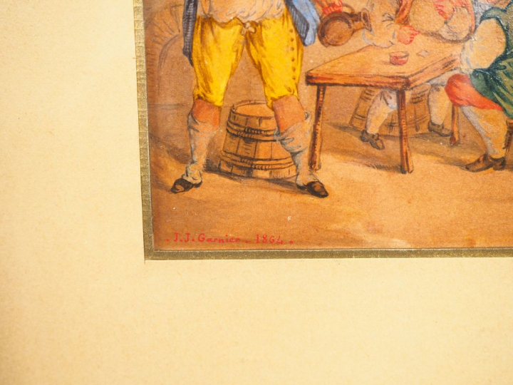 J.J. GARNIER. "Scène de taverne". Aquarelle, signée en bas à gauche et