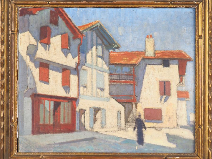Raymond VIRAC.  "Place au pays basque". Huile sur toile. Dim. 38 x 46 