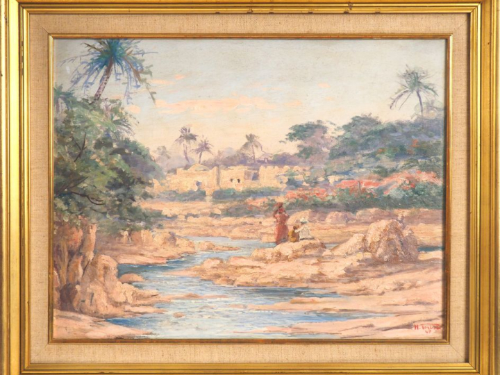 Ecole Orientaliste XXème. "L'Oued". Huile sur panneau, signée en bas à