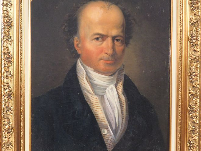 Ecole française XIXème. "Portrait d'homme au jabot". Huile sur toile. 