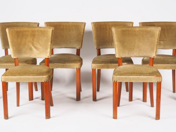 Table à allonges 1950 en loupe de bois clair et cuivre et six chaises,