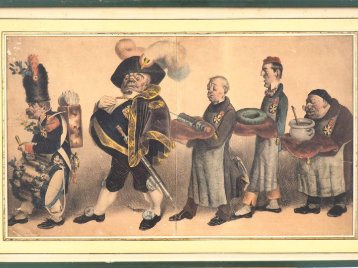 Gravure en couleurs "Caricature du médecin". Dim. 29 x 49,5 cm