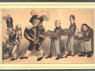 Vente aux enchères Gravure en couleurs "Caricature du médecin". Dim. 29 x 49,5 cm