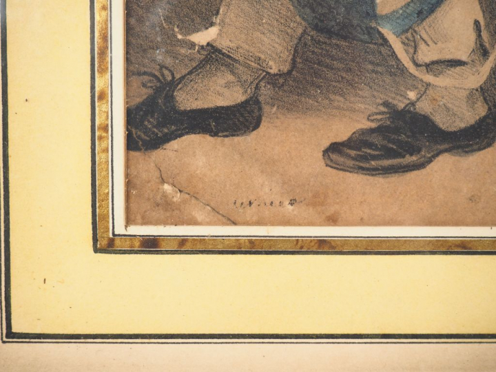 Gravure en couleurs "Caricature du médecin". Dim. 29 x 49,5 cm