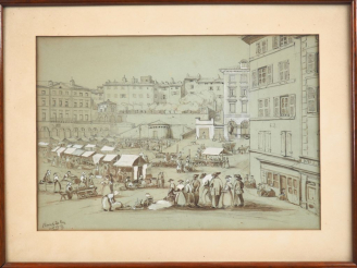 Vente aux enchères Ecole française XIXème "Le marché du Puy" Dessin au lavis. 23,5 x 34 c