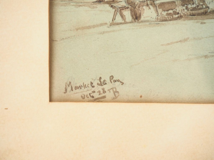 Ecole française XIXème "Le marché du Puy" Dessin au lavis. 23,5 x 34 c