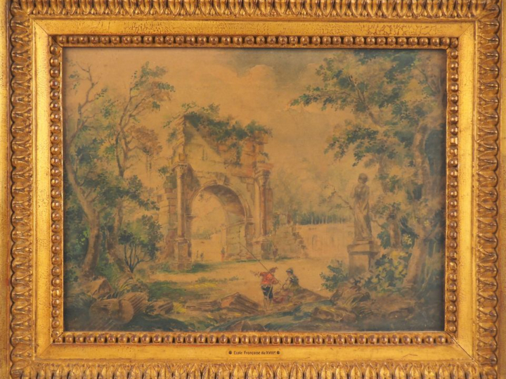 Ecole française XIXème "Scène animée dans un paysage de ruines" Aquare