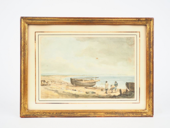 Ecole française XIXème "Retour de pêche" Aquarelle. 14,5 x 22,5 cm