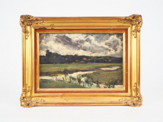 Vente aux enchères Ecole française début XXème "Paysage lacustre" Huile sur panneau. Sign