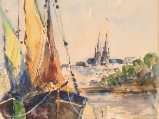 Vente aux enchères Ecole française XXème "Bateau à quai" Aquarelle. Signée en bas à droit