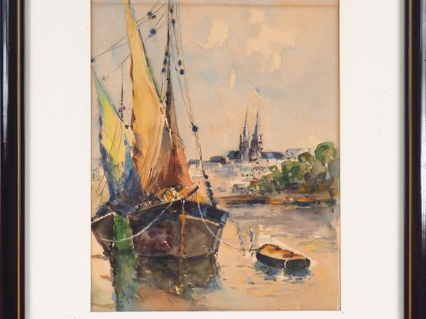 Ecole française XXème "Bateau à quai" Aquarelle. Signée en bas à droit