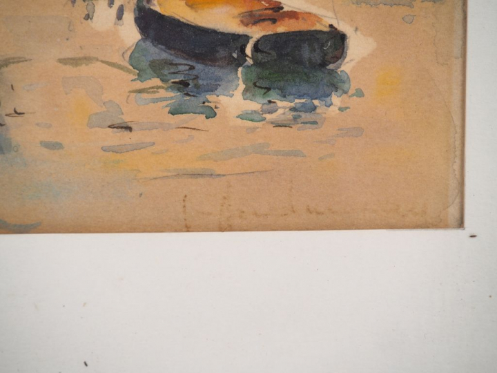 Ecole française XXème "Bateau à quai" Aquarelle. Signée en bas à droit