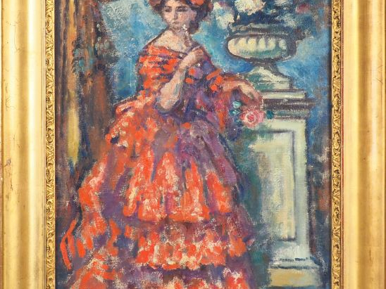 Charles GUERIN "Elégante à la robe rouge" Huile sur toile. Signée en b
