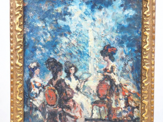 Vente aux enchères Charles GUERIN "La conversation" Huile sur toile. Signée en bas à droi