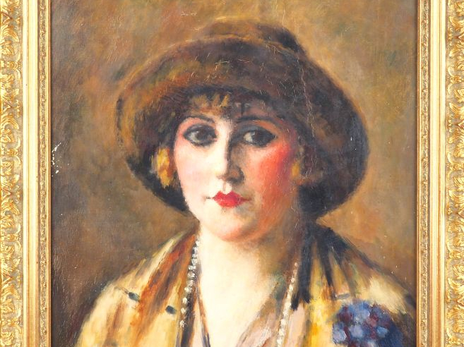 Charles GUERIN "Femme au chapeau et au collier de perles" Huile sur to