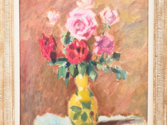 Vente aux enchères Charles GUERIN "Nature morte au bouquet de roses" Huile sur toile. 61 