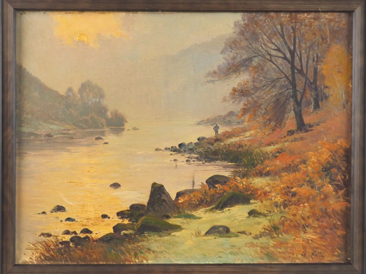 Charles HALLE "Paysage lacustre en automne" Huile sur toile.  46 x 61 