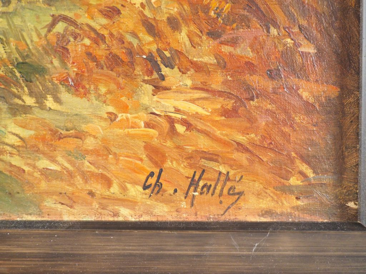 Charles HALLE "Paysage lacustre en automne" Huile sur toile.  46 x 61 