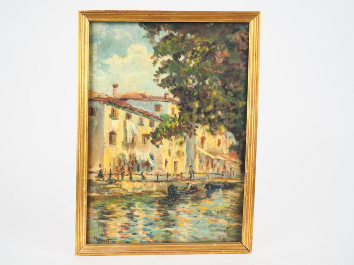 	LEBRETON "Maison au bord de la rivière" Huile sur panneau. Signée en 