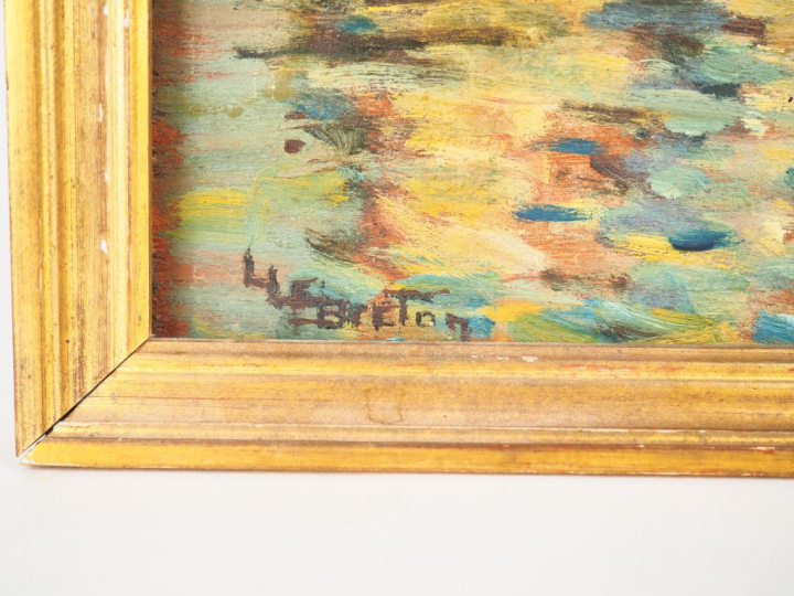 	LEBRETON "Maison au bord de la rivière" Huile sur panneau. Signée en 