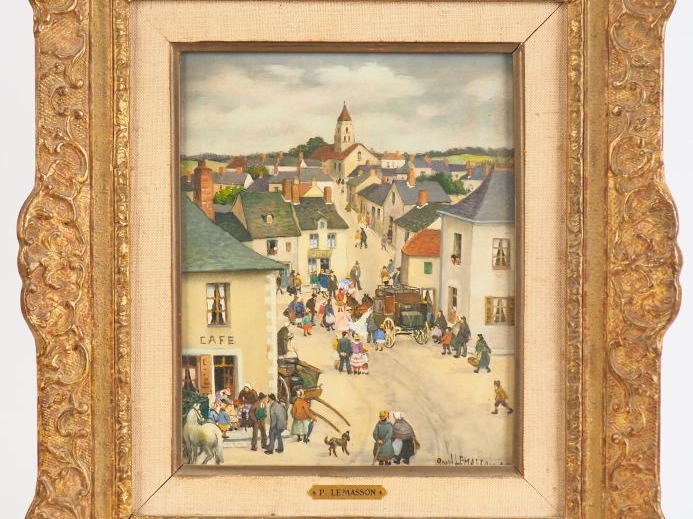 Paul LEMASSON "Scène de village animée" Huile sur panneau. Signée en b