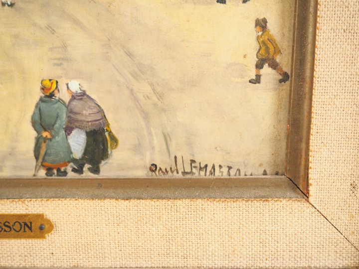 Paul LEMASSON "Scène de village animée" Huile sur panneau. Signée en b