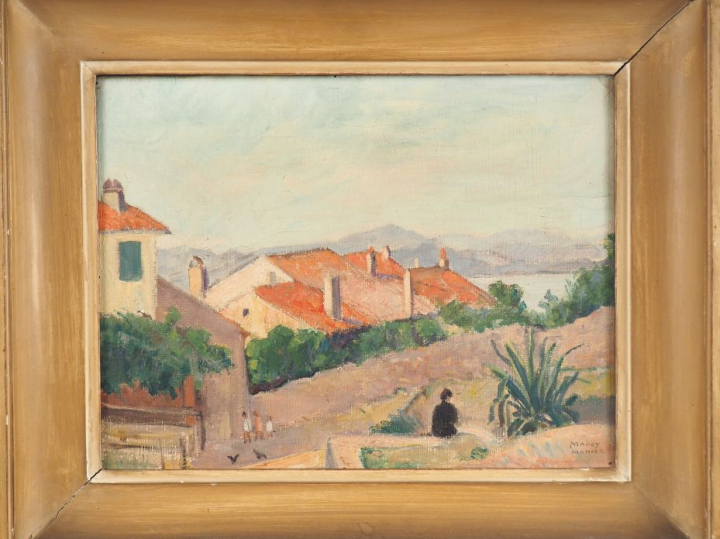 MAGGY MONIER "Paysage de bord de mer" Huile sur toile. Signée en bas à