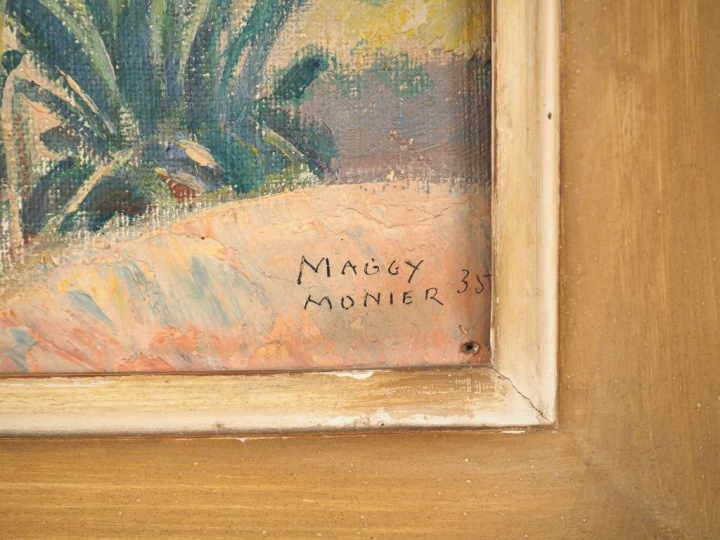 MAGGY MONIER "Paysage de bord de mer" Huile sur toile. Signée en bas à