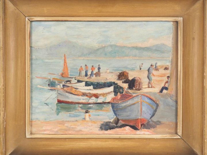 Maggy MONIER  "Le port de pêche" Huile sur toile. 27,5 x 35,5 cm