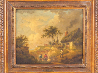 Vente aux enchères MORLAND. "Le retour du travail" Huile sur panneau. Signée en bas à dro