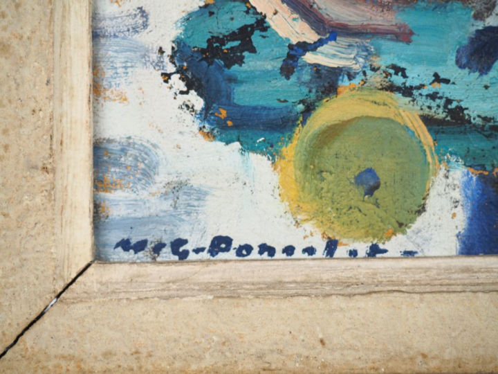 PONCELET "Fillette et son jouet" Huile sur toile. Signée en bas à gauc