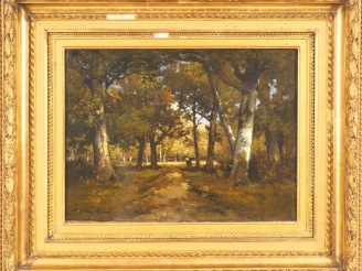 Vente aux enchères Léon RICHET "Personnage cheminant dans un sous-bois" Huile sur toile. 