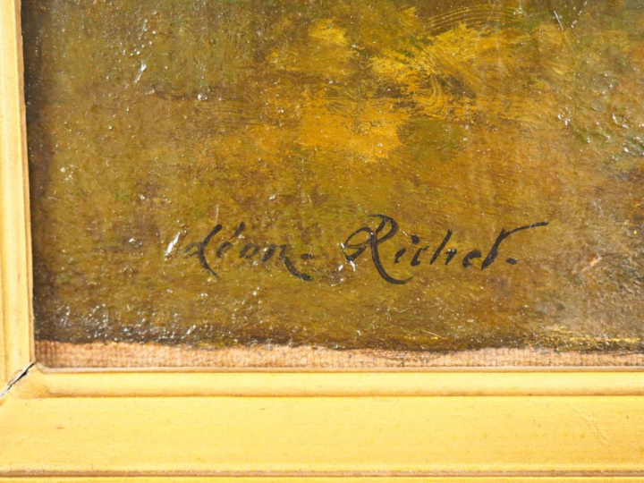 Léon RICHET "Personnage cheminant dans un sous-bois" Huile sur toile. 
