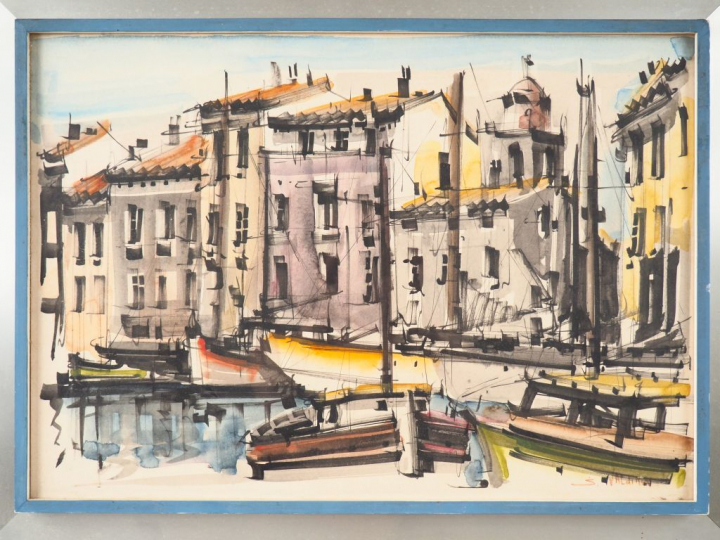 S. VALDIMIA "Le port de St-Tropez" Aquarelle. Signée en bas à droite. 