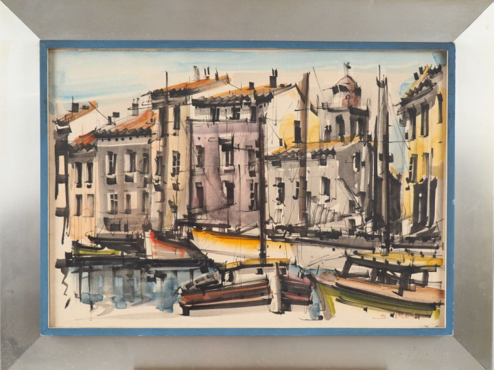 S. VALDIMIA "Le port de St-Tropez" Aquarelle. Signée en bas à droite. 