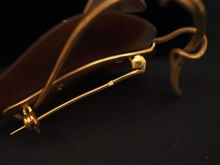 Broche de style Art Nouveau en or jaune et agate en forme de feuille. 