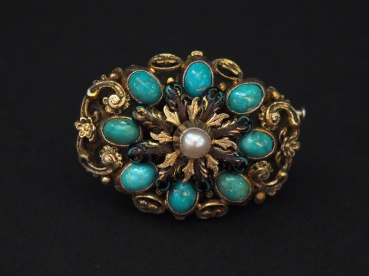 Broche Napoléon III en argent et argent doré, turquoises en cabochon, 