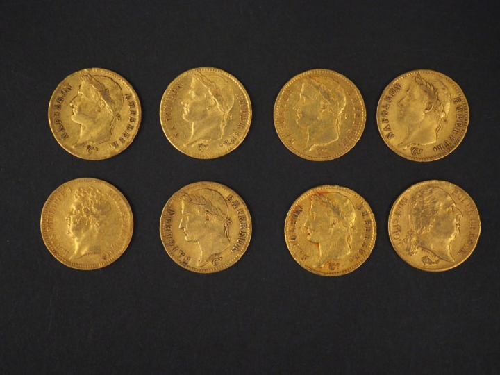 Huit pièces de 20 Francs or, 1808-A, 1809-A, 1810-A, 1811-A, 1812-A, 1