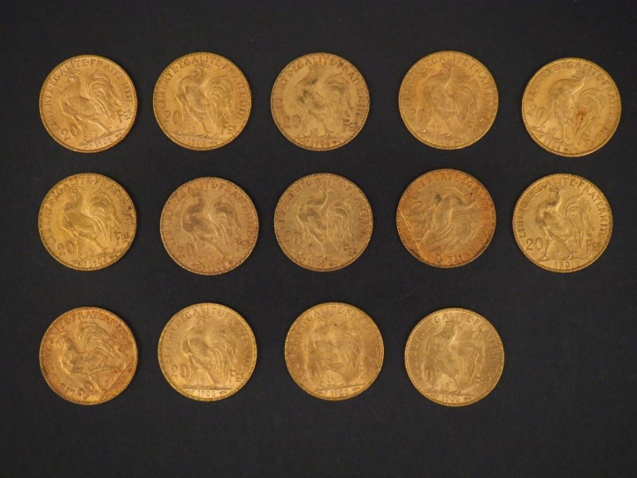 Quatorze pièces de 20 Francs or, 1901, 1902, 1903, 1904 (x4), 1905 (x6
