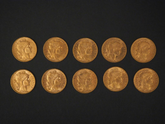 Vente aux enchères Dix pièces de 20 Francs or, 1907. FRAIS ACHETEURS 5% TTC.