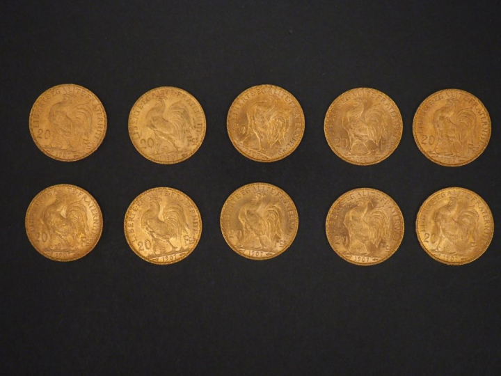 Dix pièces de 20 Francs or, 1907. FRAIS ACHETEURS 5% TTC.